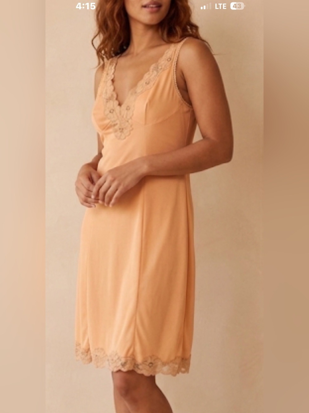 Vintage Made in Italy Nylon Slip Dress Lace Trim Camel Beige Midi Nightgown